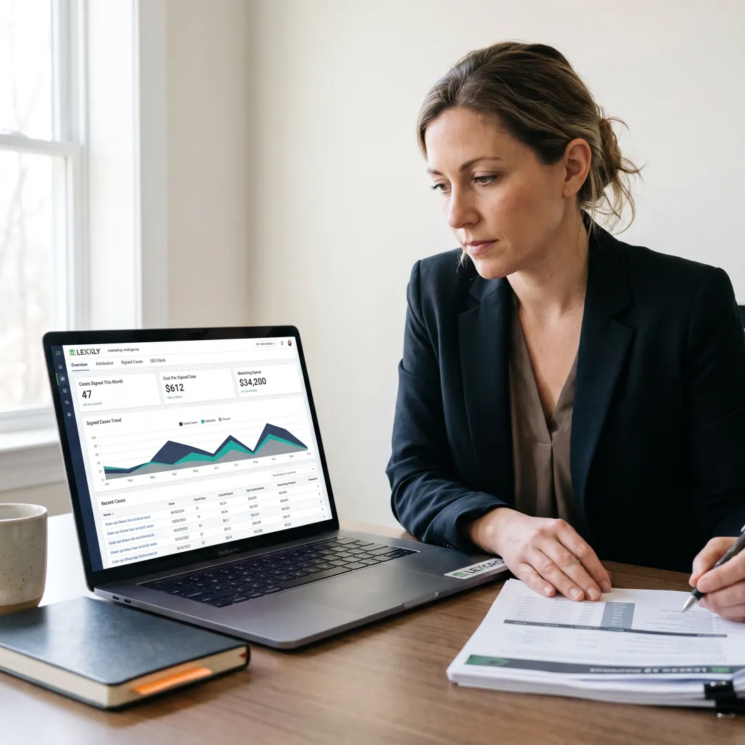 Legal marketing strategist reviewing law firm growth data