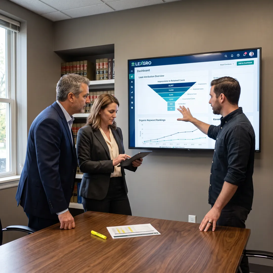 Law firm team reviewing marketing strategy dashboard