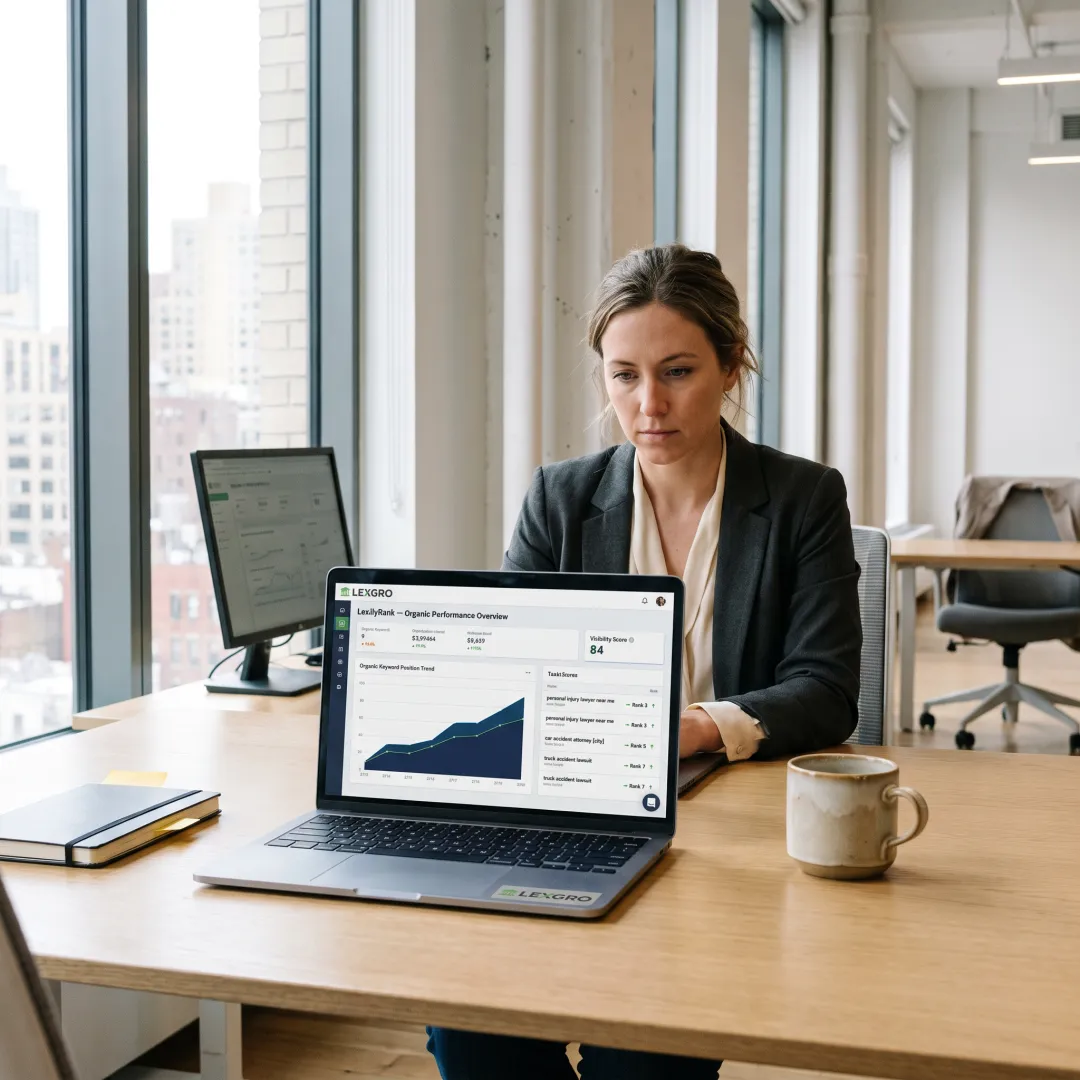 Legal marketing strategist reviewing SEO performance data