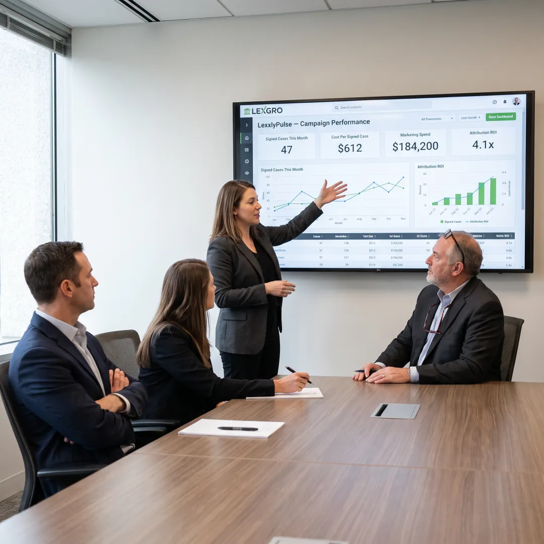 Legal marketing strategist reviewing law firm performance data