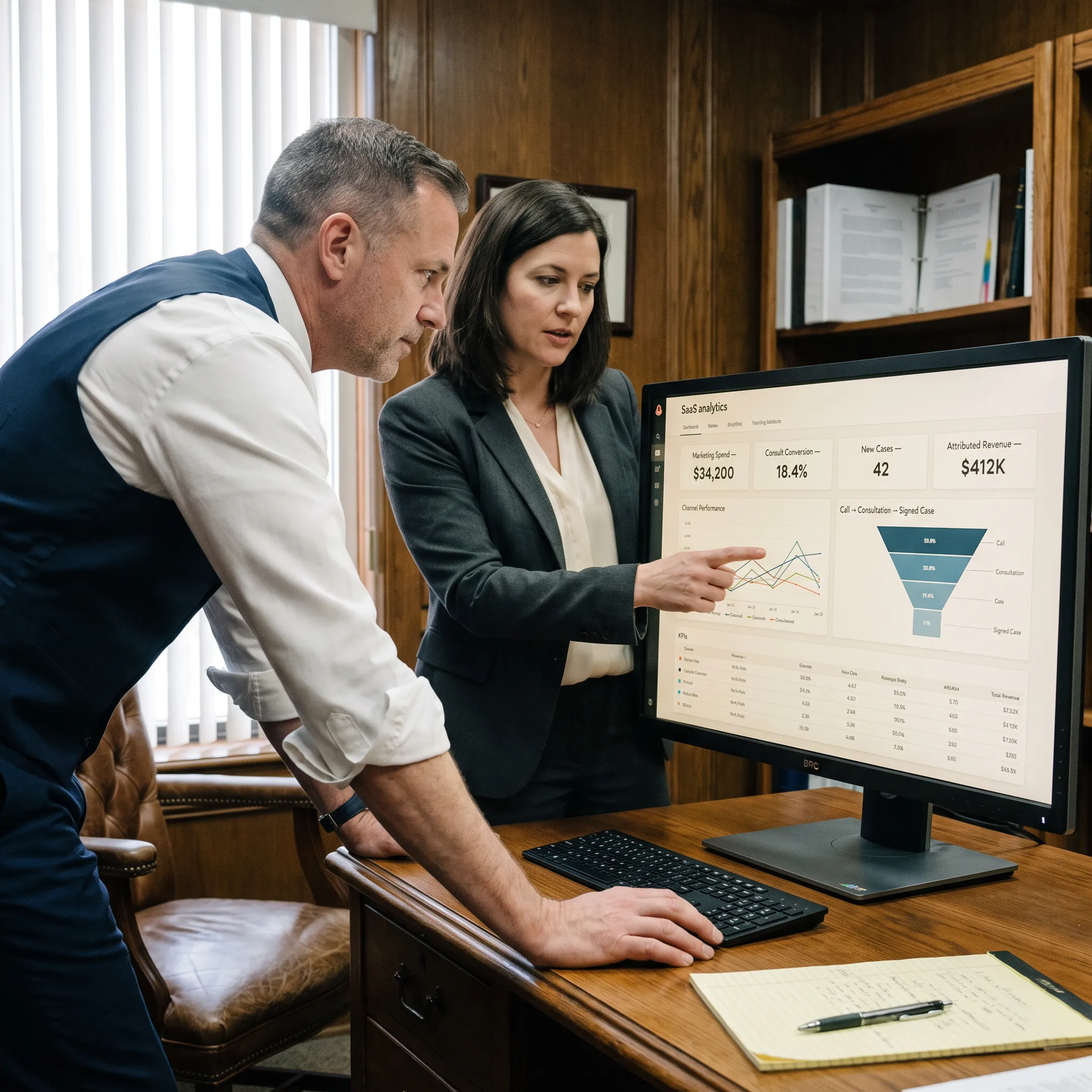 Law firm leaders reviewing integrated marketing and case acquisition analytics