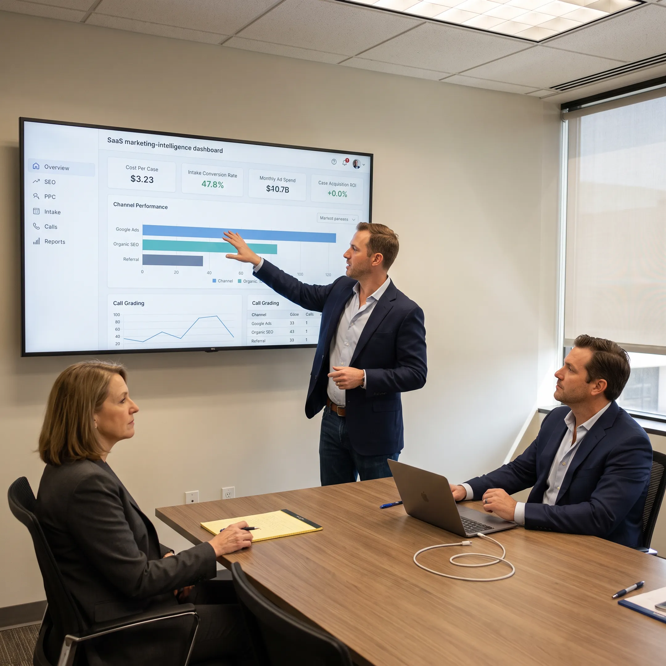 Legal marketing strategist reviewing growth data with law firm leadership