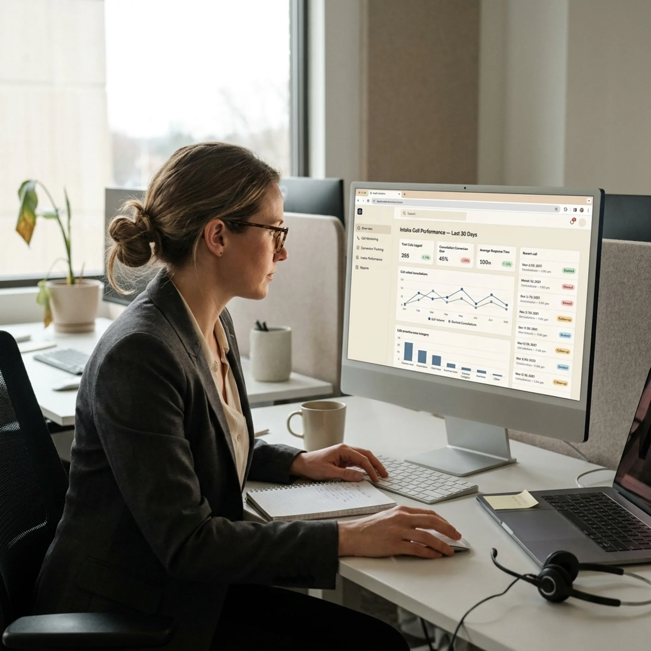 Law firm intake professional reviewing monitored call performance data