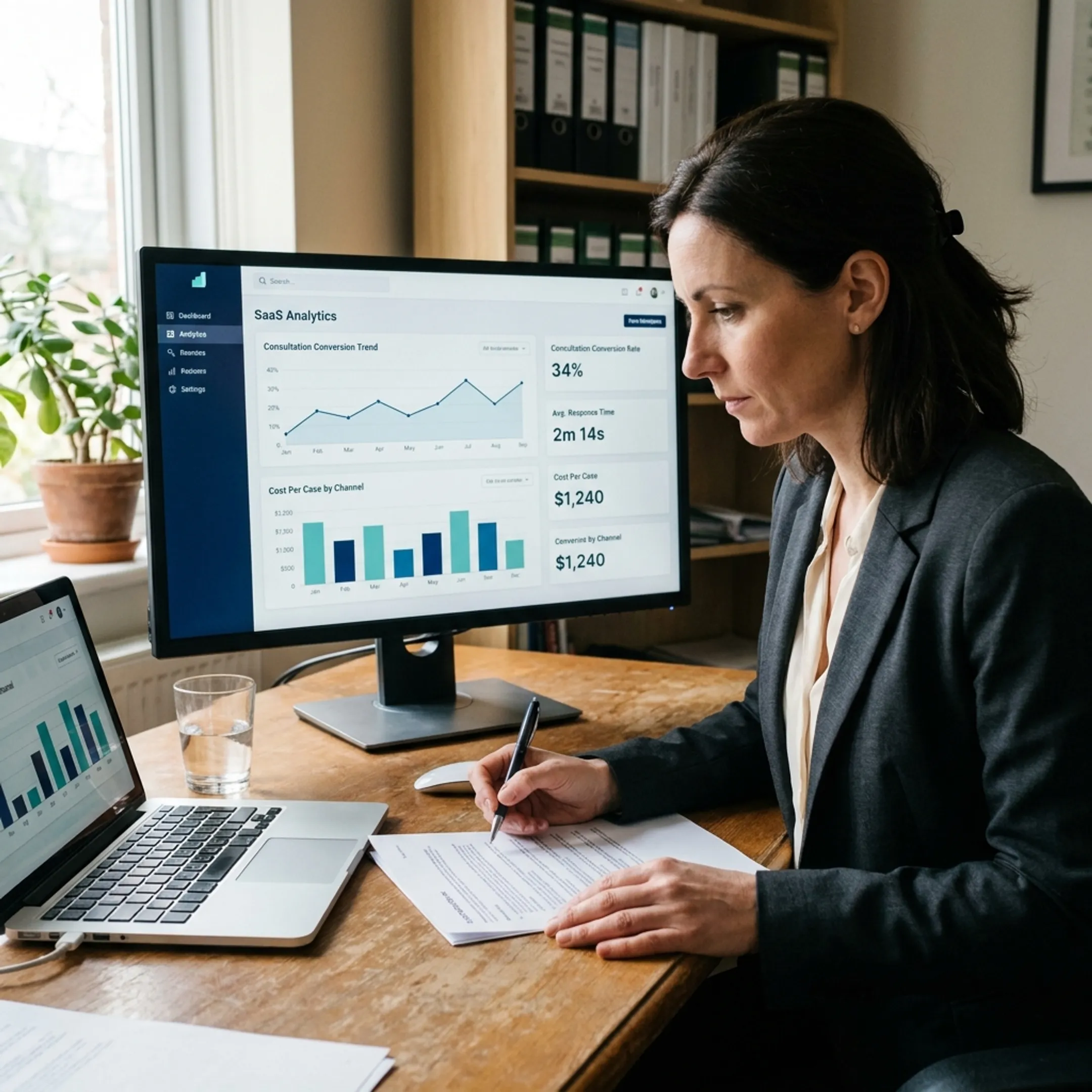Law firm manager reviewing intake call analytics and conversion trends