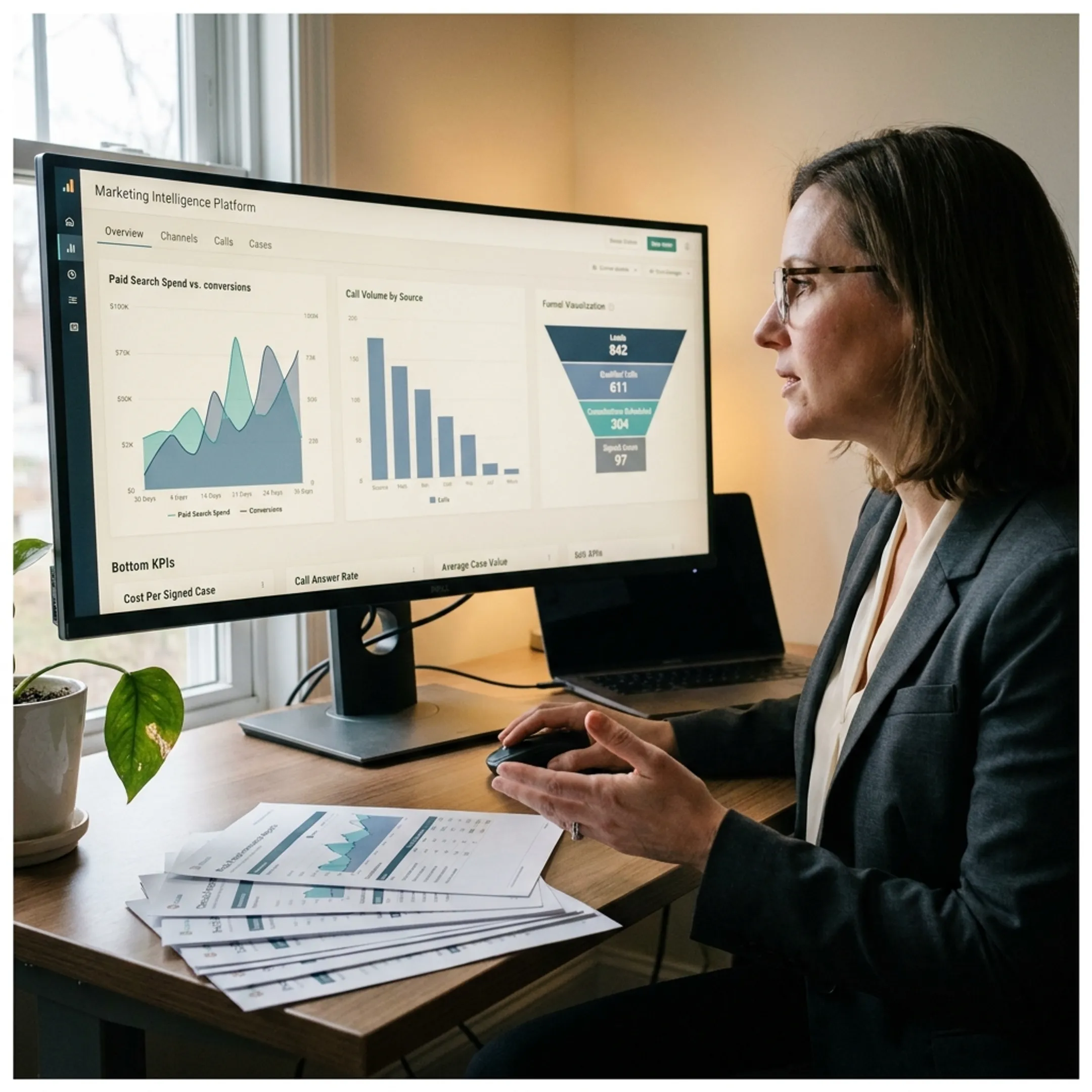Marketing attribution dashboard showing personal injury law firm campaign and signed case data