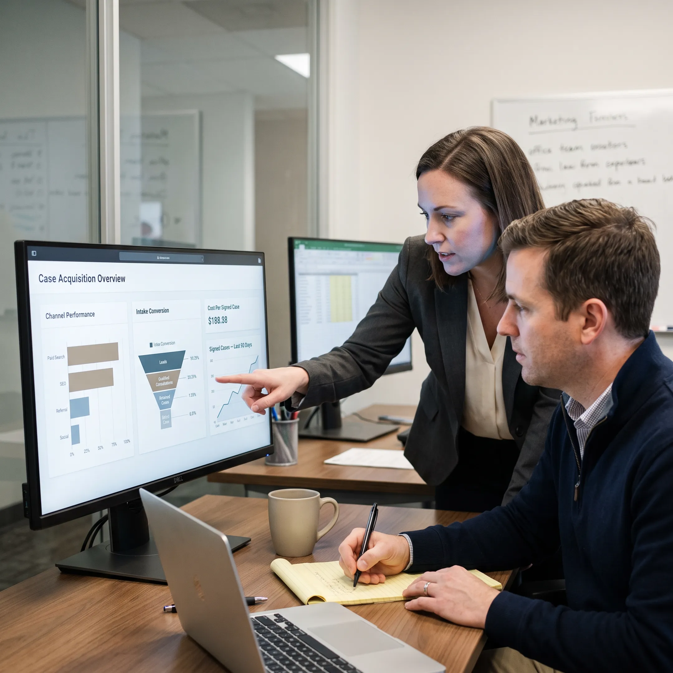 Legal marketing team analyzing case acquisition data and campaign performance