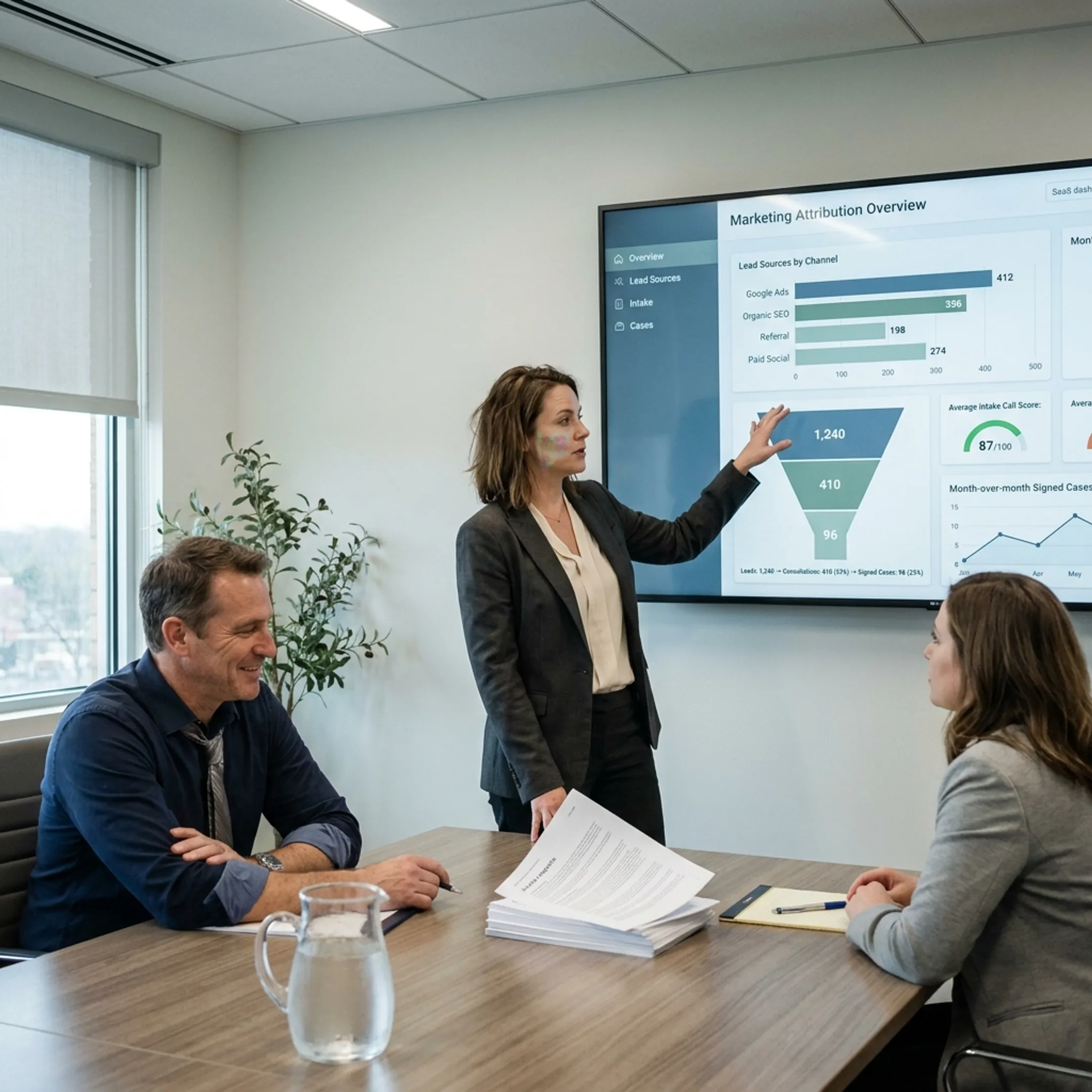 Legal marketing strategist reviewing lead attribution and signed case data with a law firm team