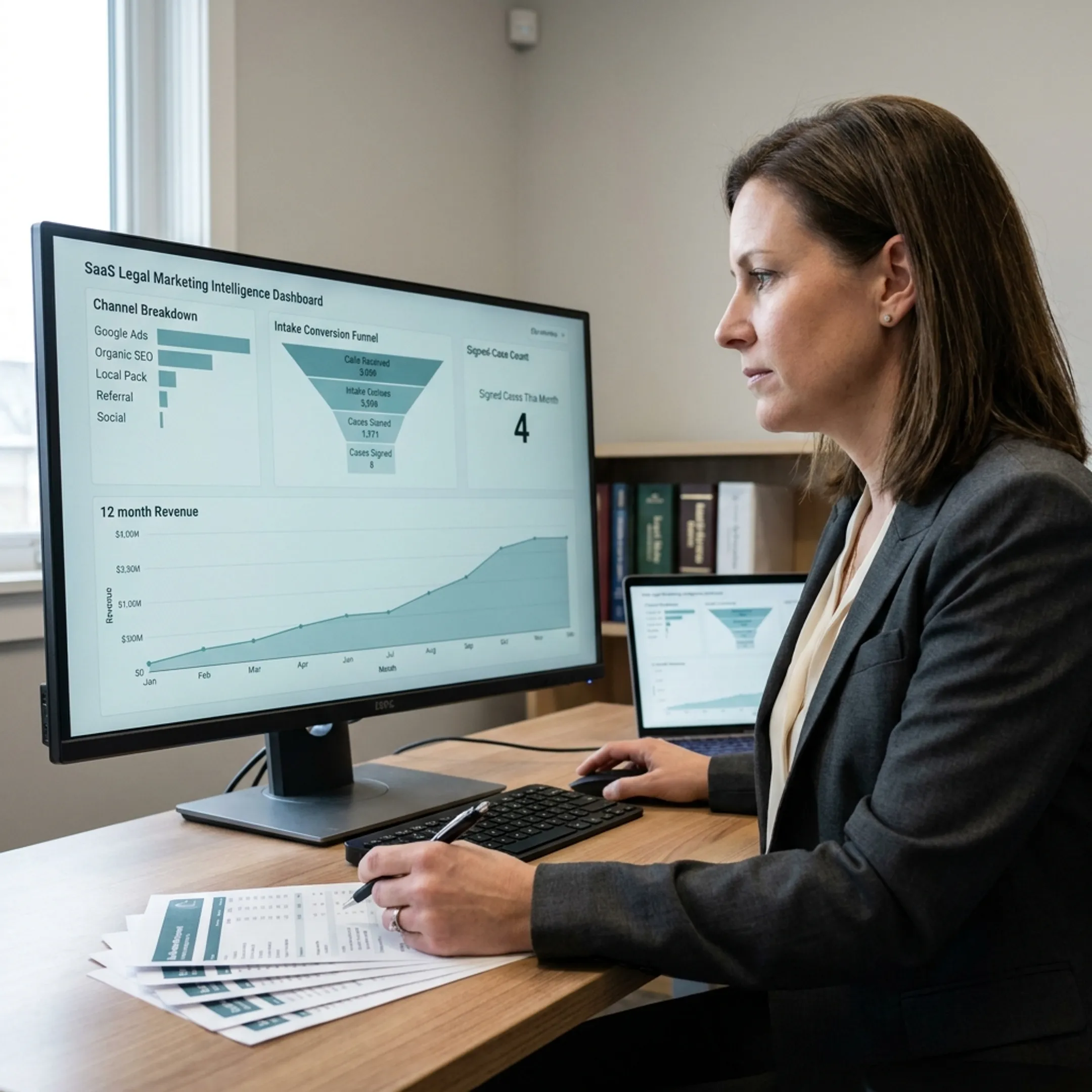Legal marketing analytics dashboard showing channels, intake data, and signed case performance