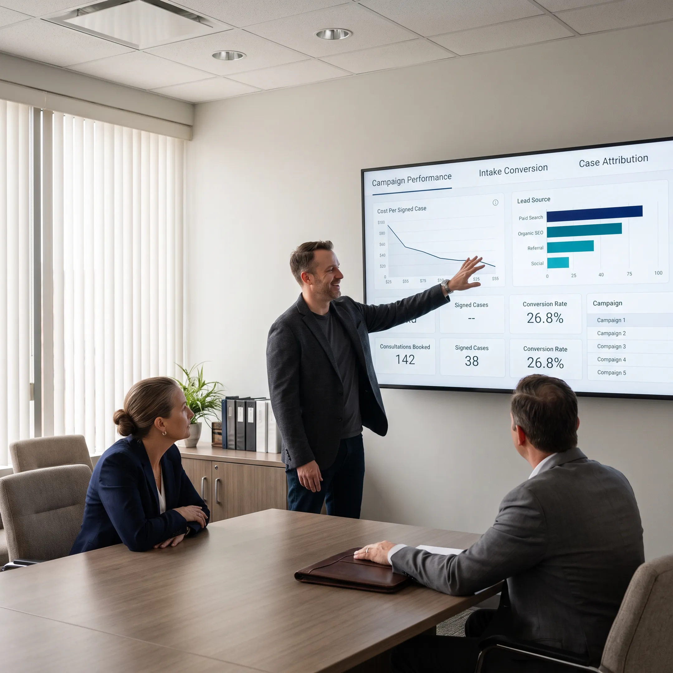 Consultant explaining law firm marketing analytics and intake performance results