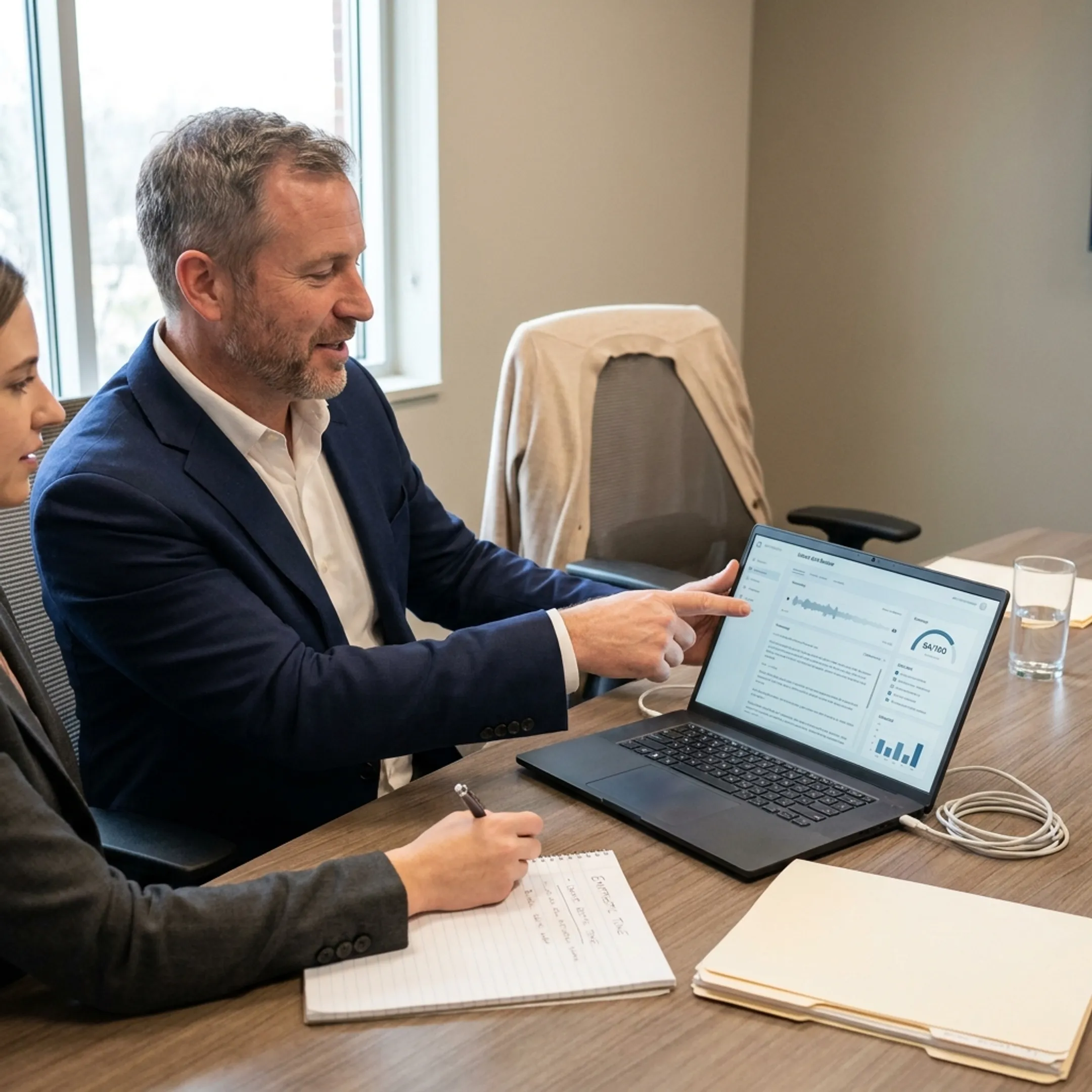 Legal intake coach reviewing a recorded receptionist call with law firm staff