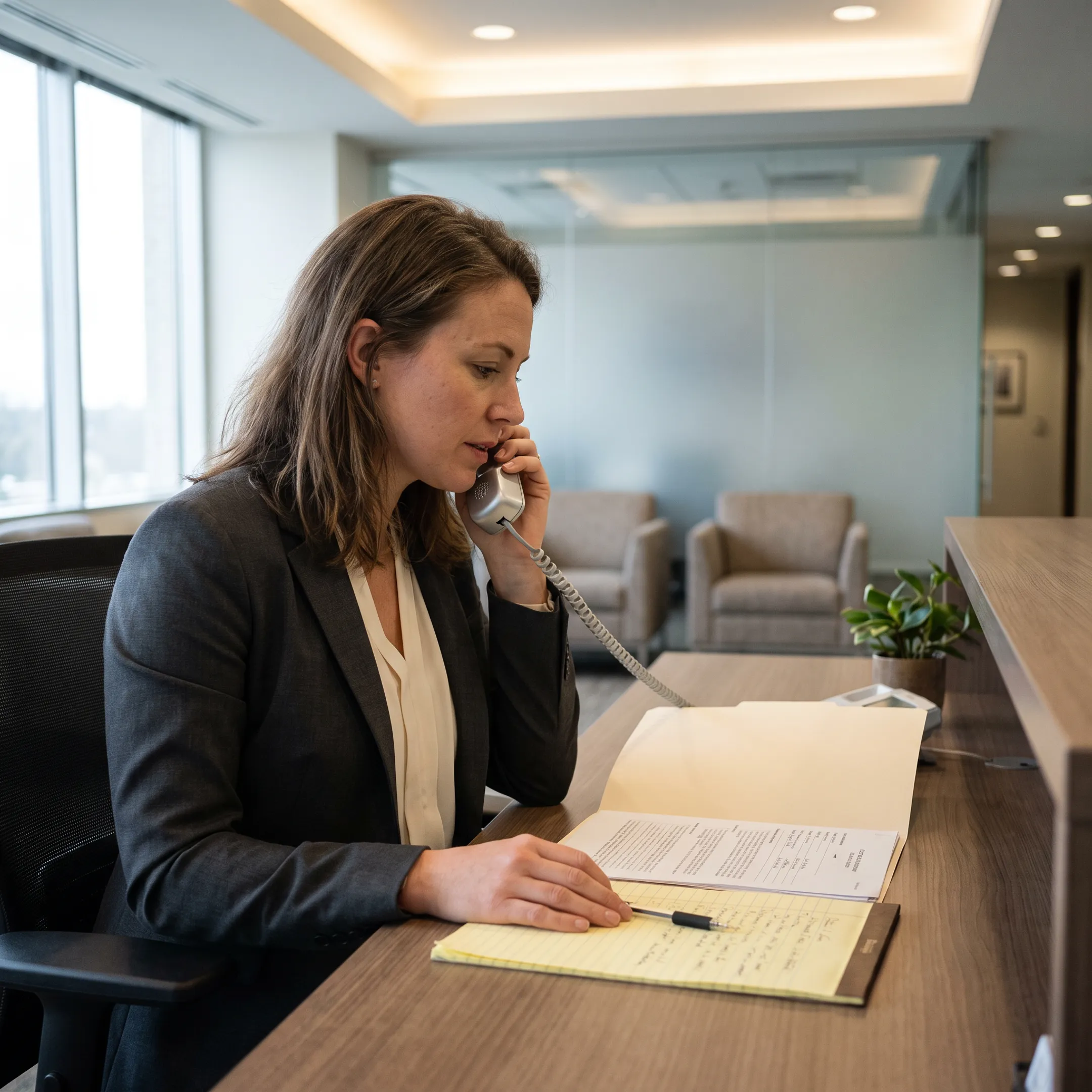Law firm receptionist answering a client intake call at a professional front desk