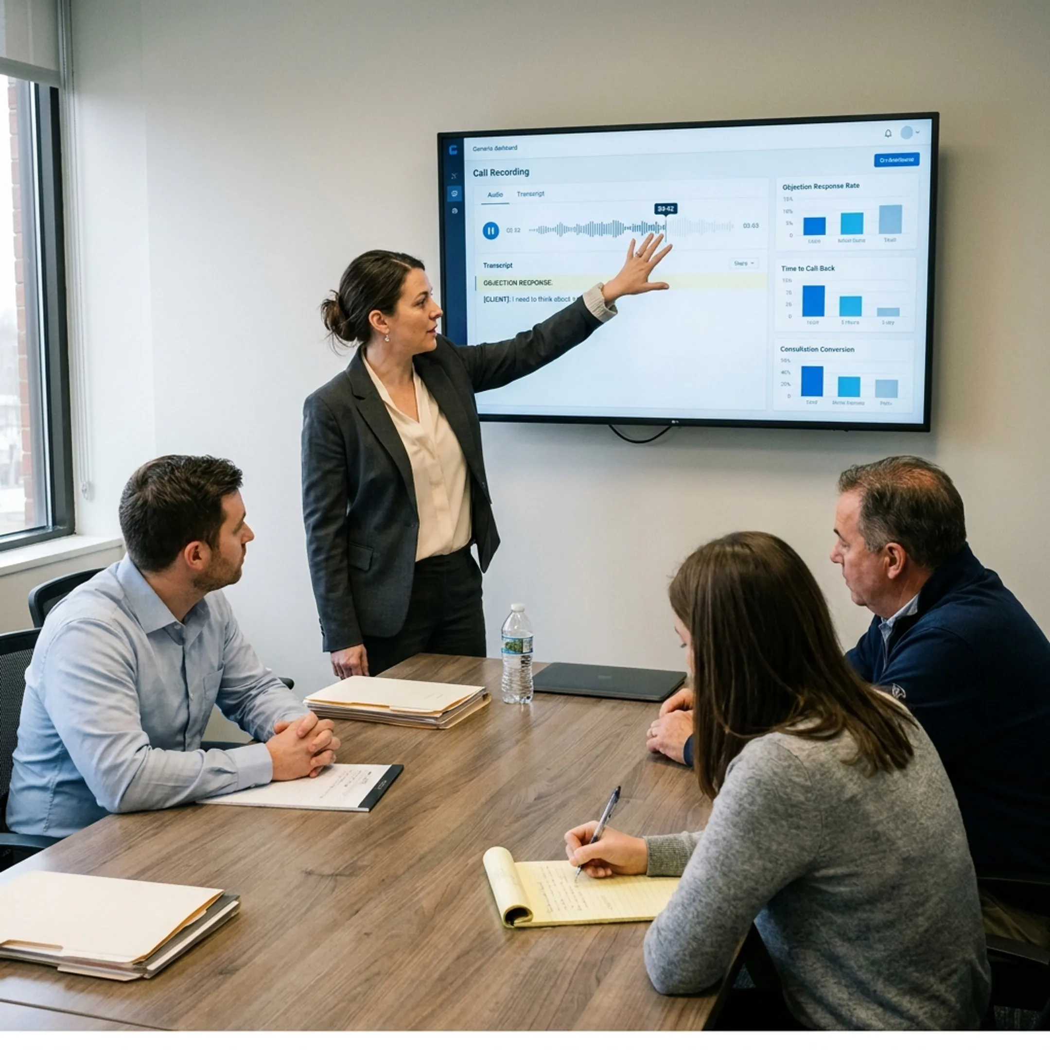 Coach reviewing law firm intake call performance with team members