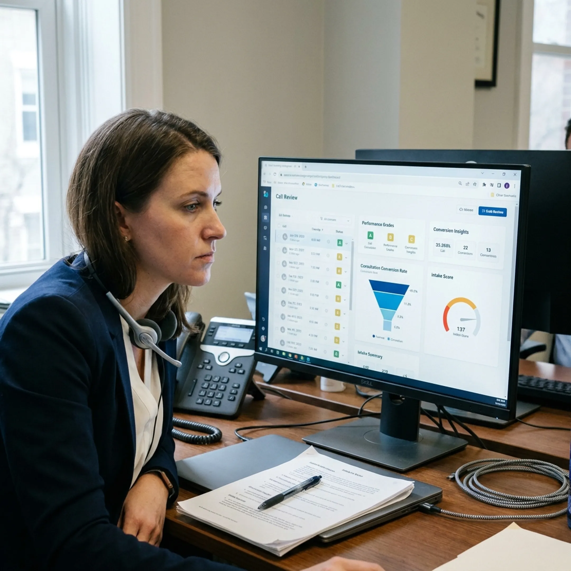 Legal intake professional reviewing a monitored law firm call with performance insights