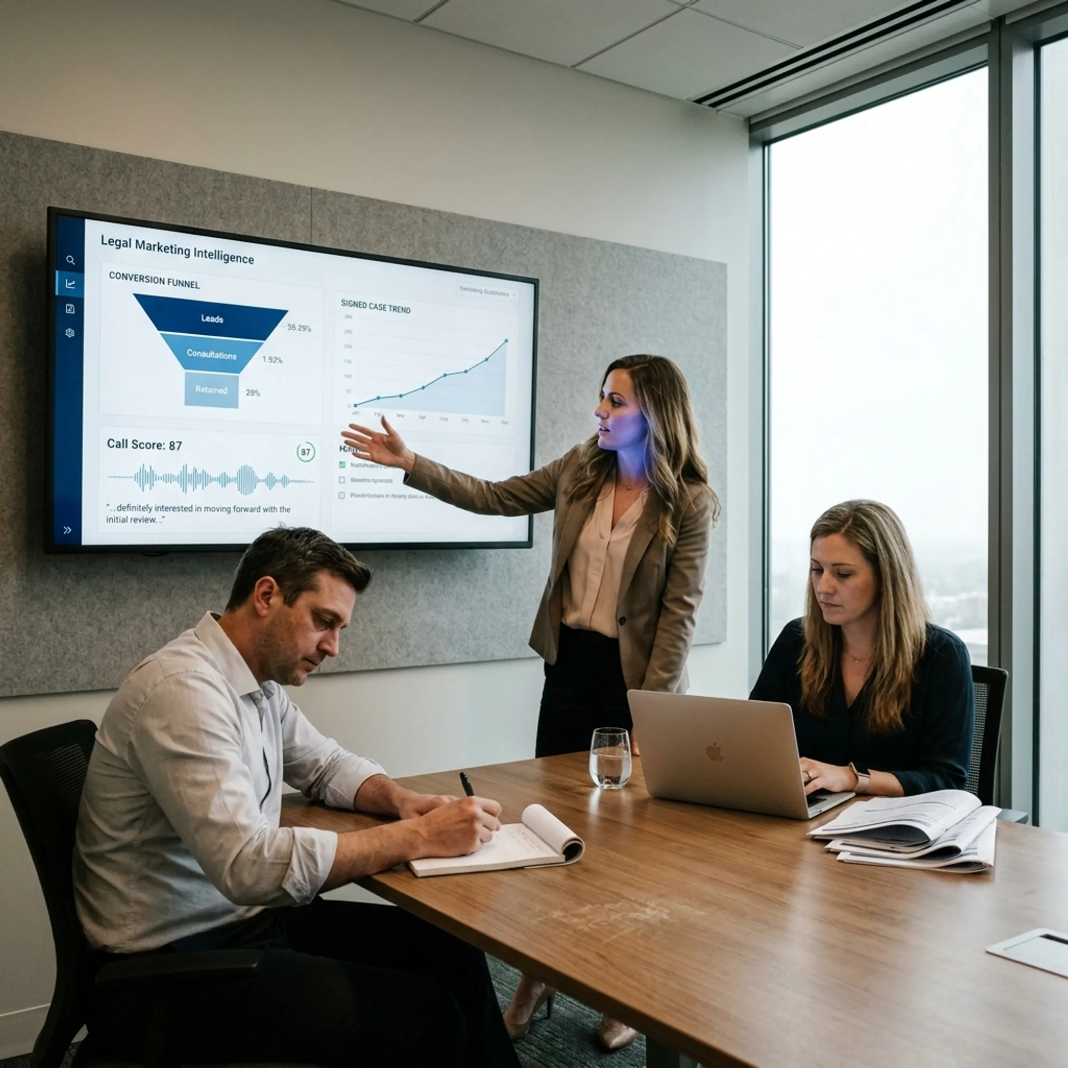 Law firm team analyzing intake call performance and case conversion data