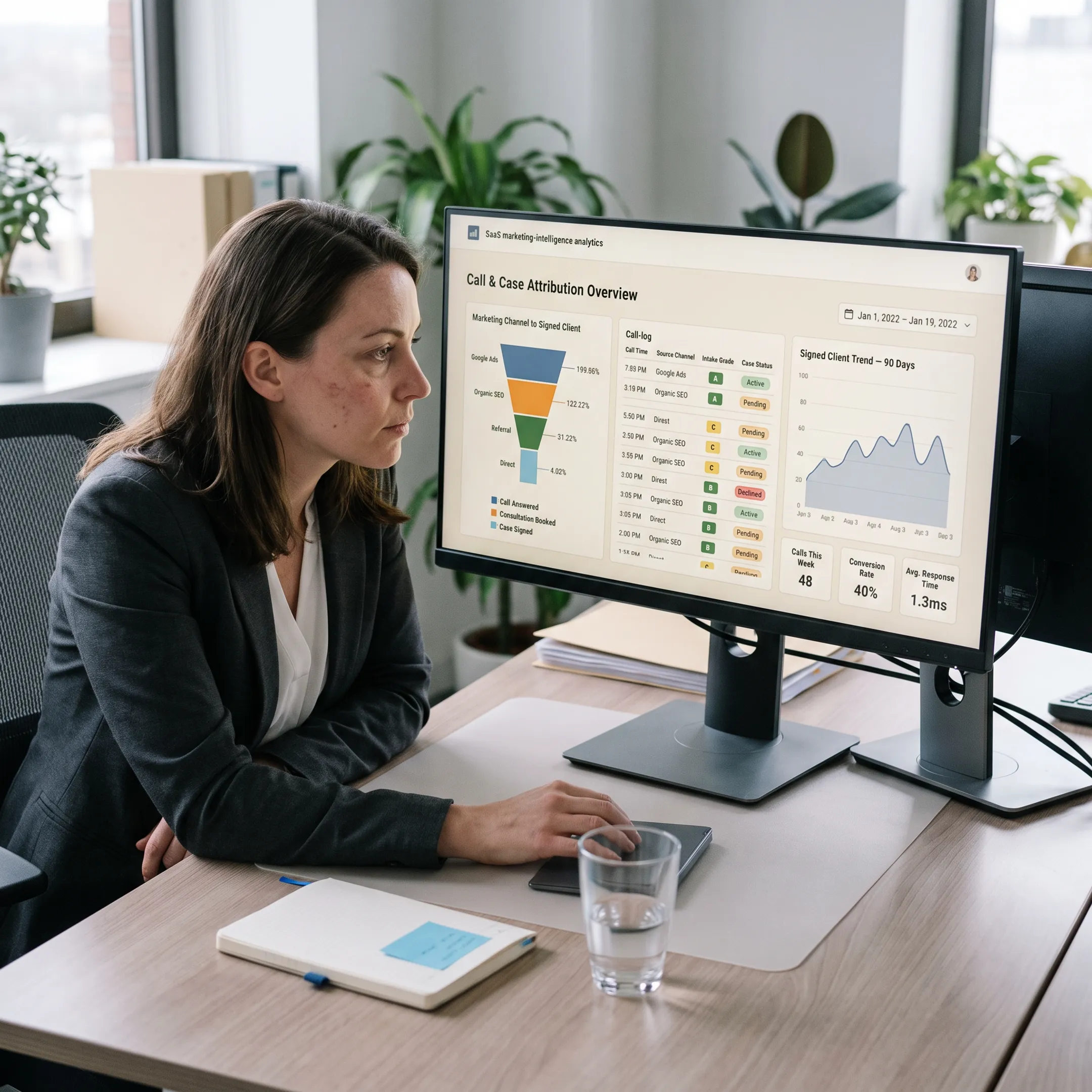 Law firm marketing dashboard connecting phone calls to signed cases