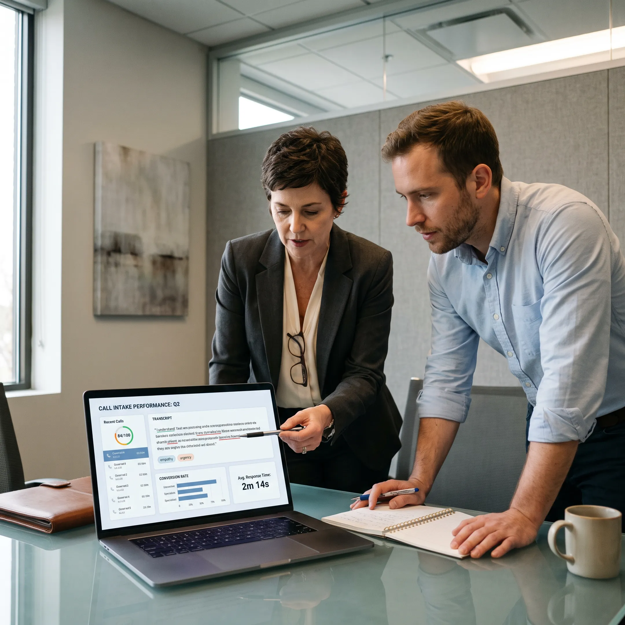 Coach reviewing a law firm intake call with a team member