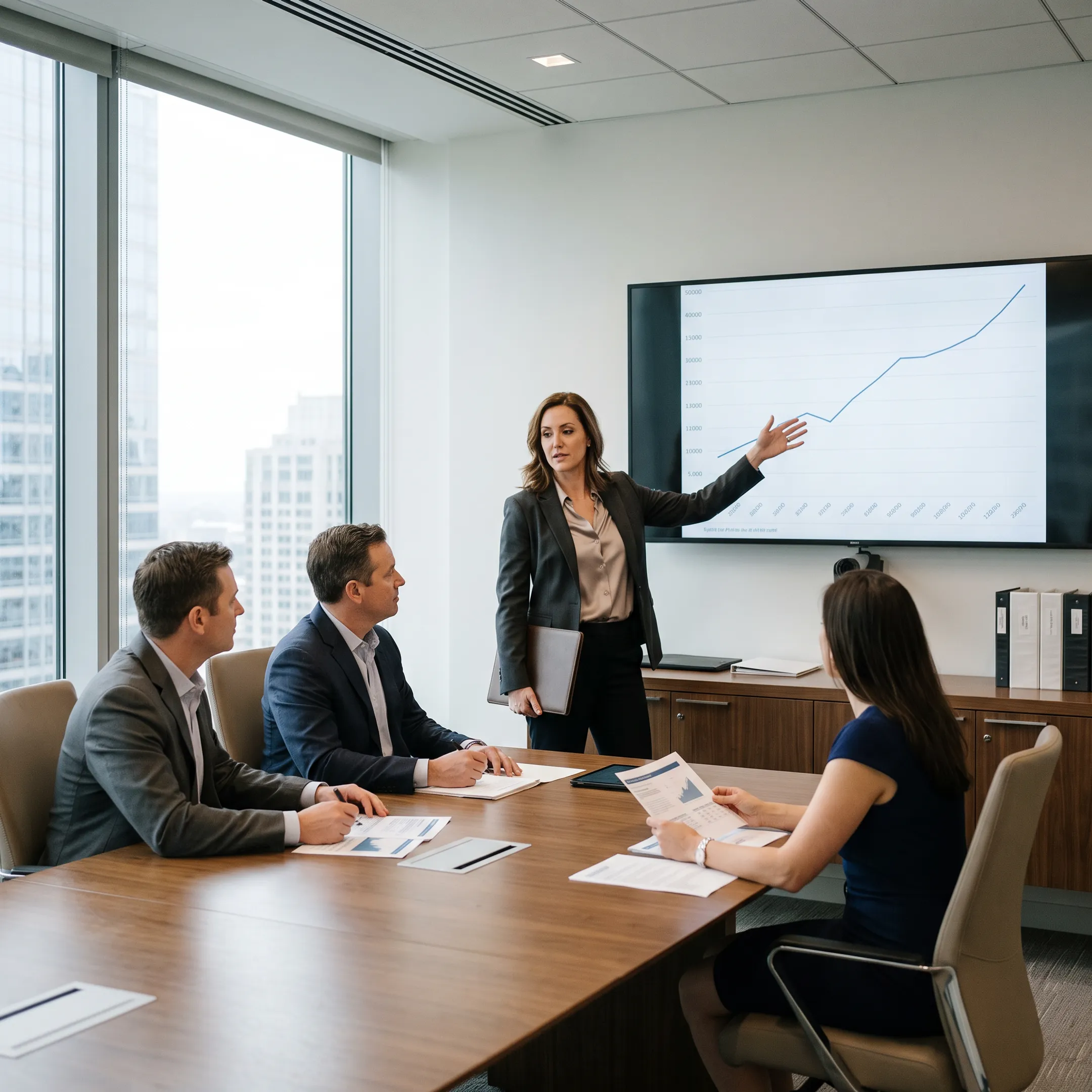 Legal marketing executive reviewing growth strategy with law firm leaders