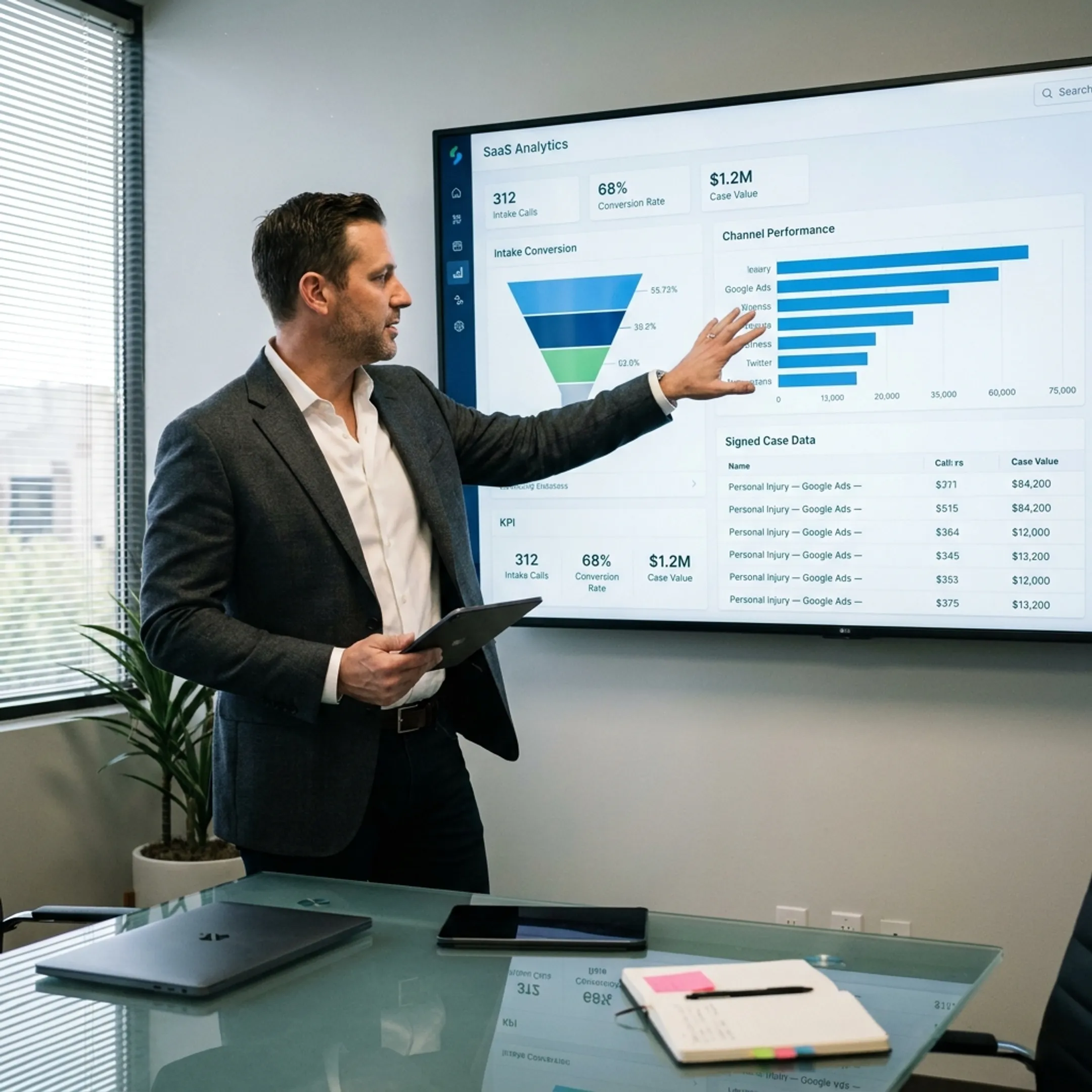 Advisor analyzing law firm marketing and signed case performance