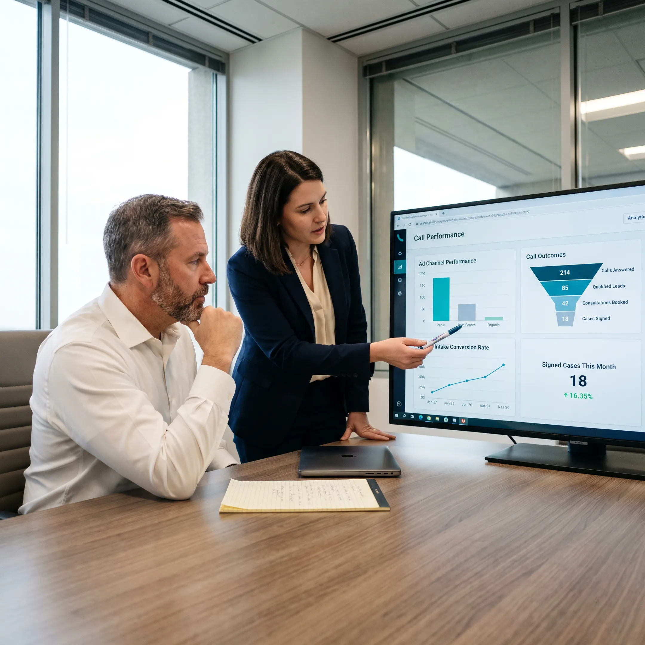 Law firm leader reviewing radio advertising performance and signed case data