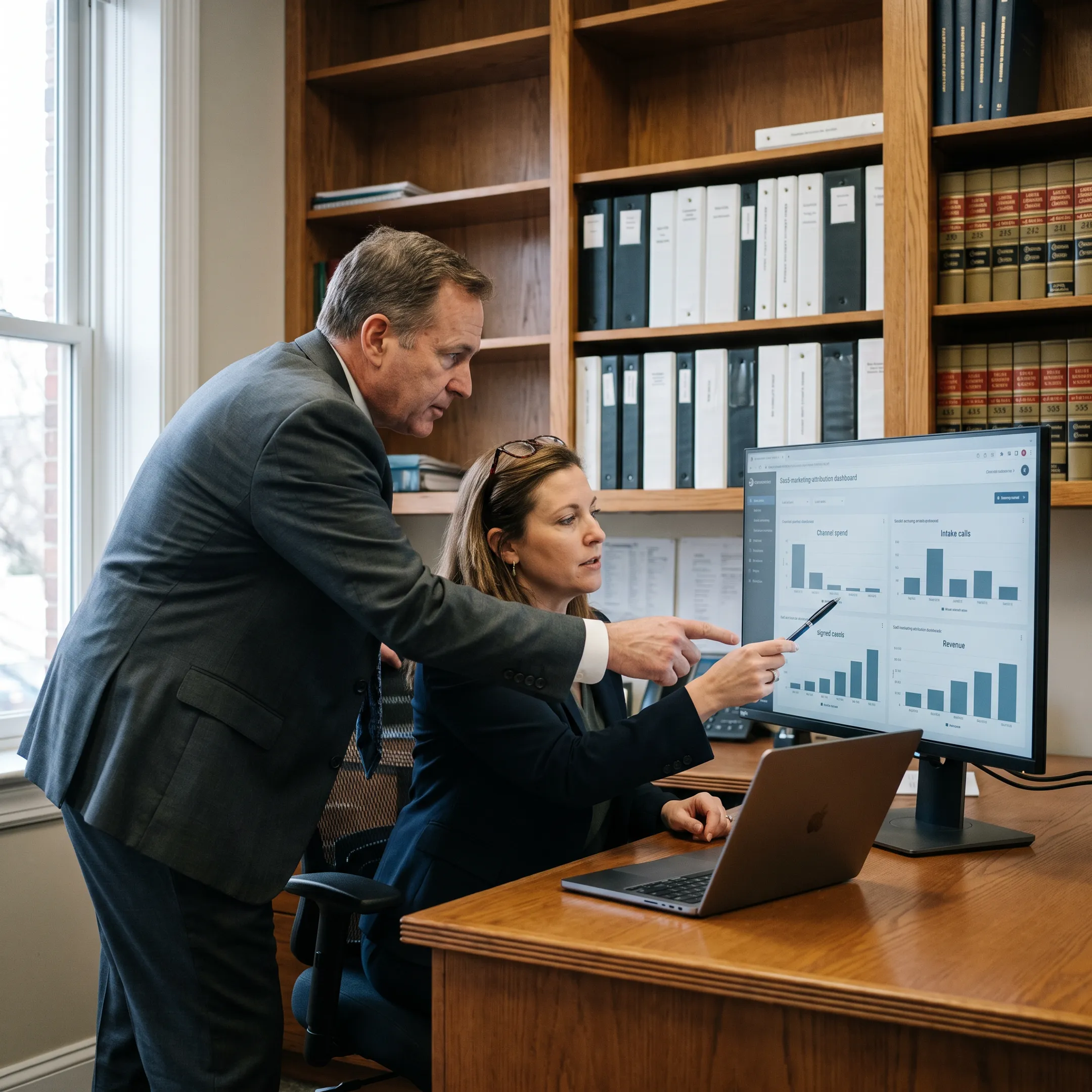 Marketing analytics dashboard showing signed case attribution for a personal injury law firm