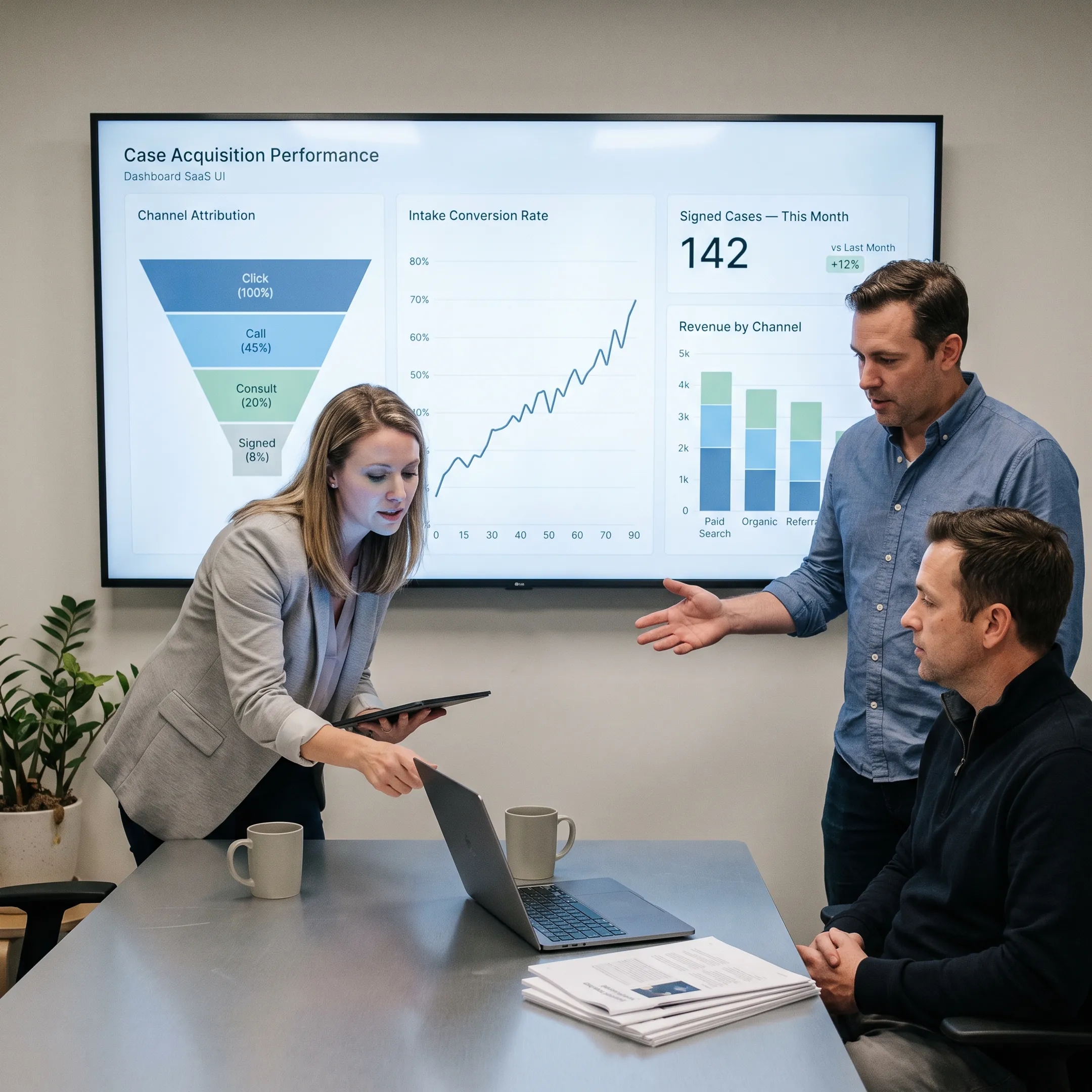 Legal marketing team reviewing signed case attribution data