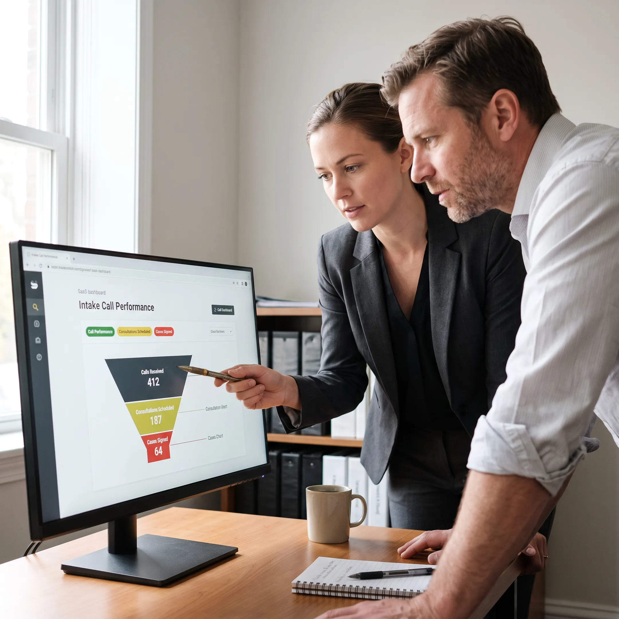 Law firm intake manager analyzing call performance with a consultant