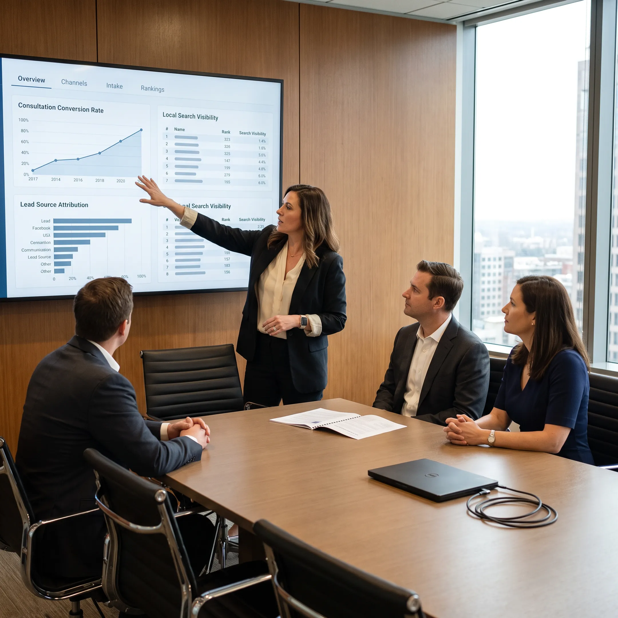 Consultant presenting measurable marketing strategy to law firm partners