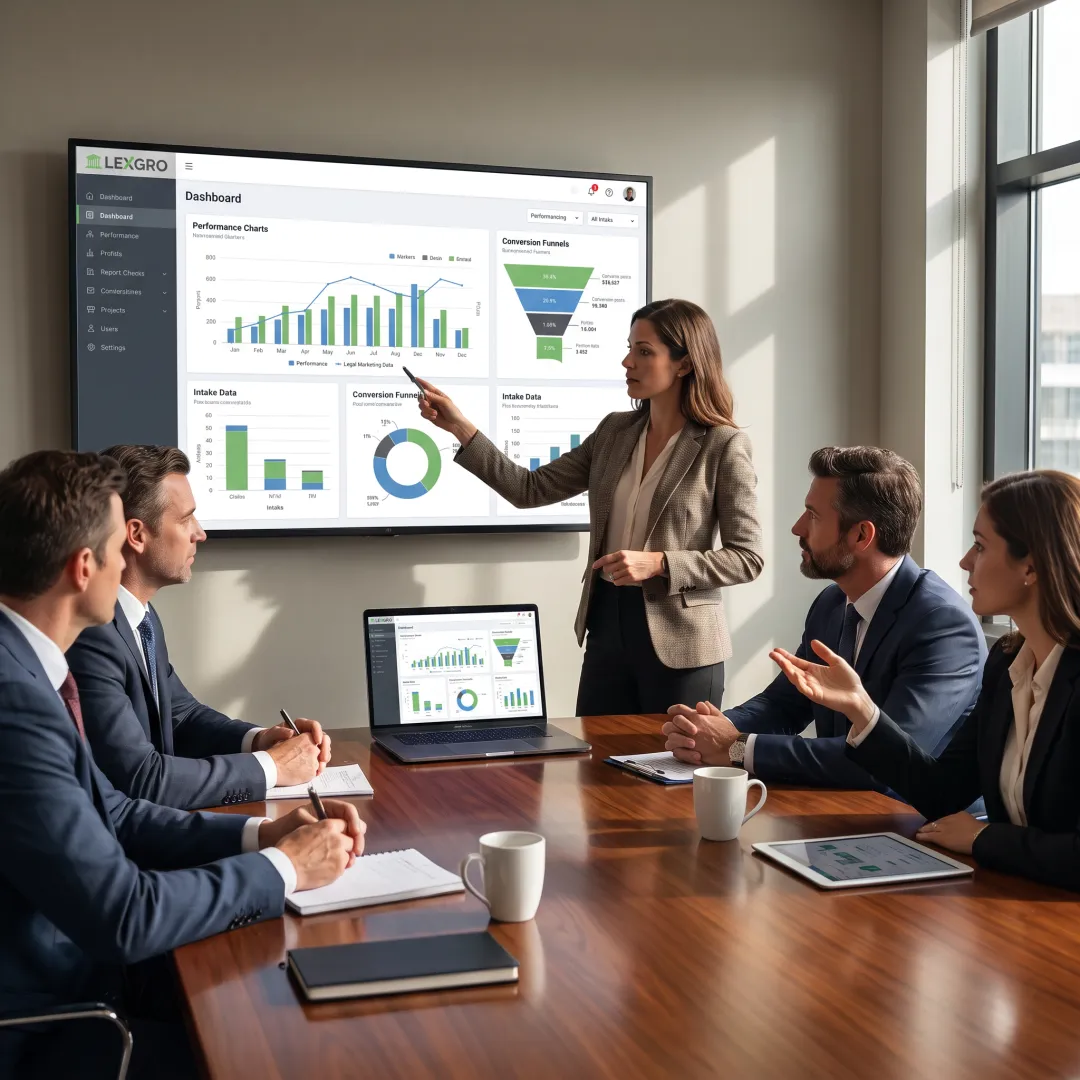 Legal marketing strategist reviewing law firm performance data