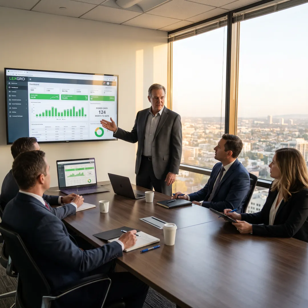 Marketing strategist reviewing law firm performance data