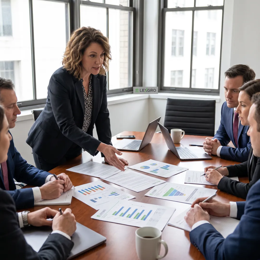 Marketing strategist reviewing law firm performance data