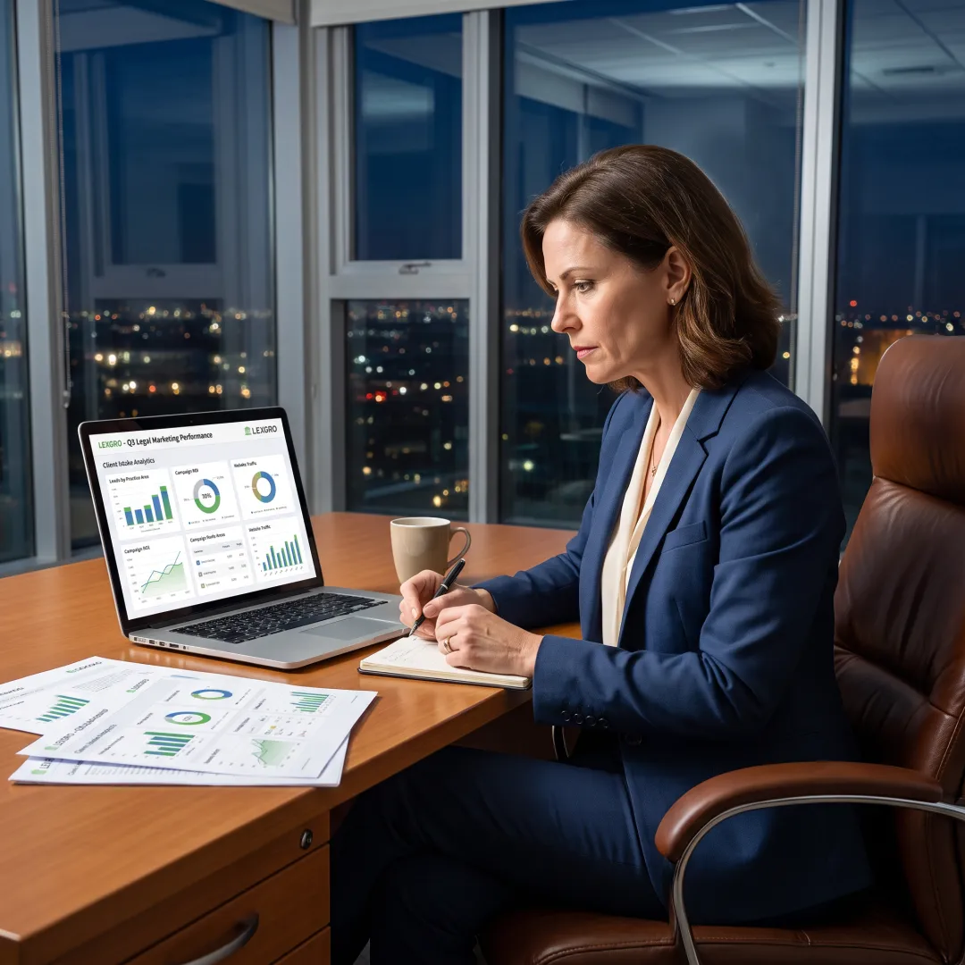 Legal marketing strategist reviewing campaign data