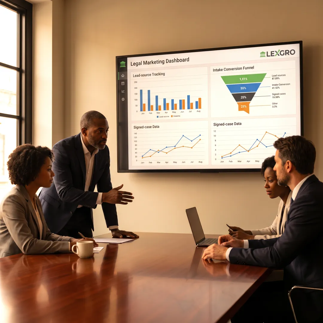 Law firm marketing team reviewing performance dashboard