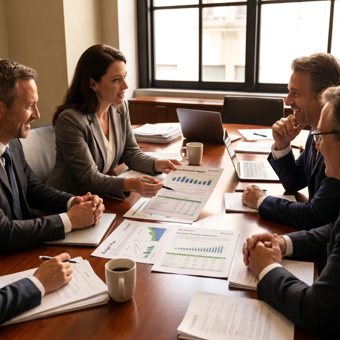 Law firm leaders reviewing a marketing strategy