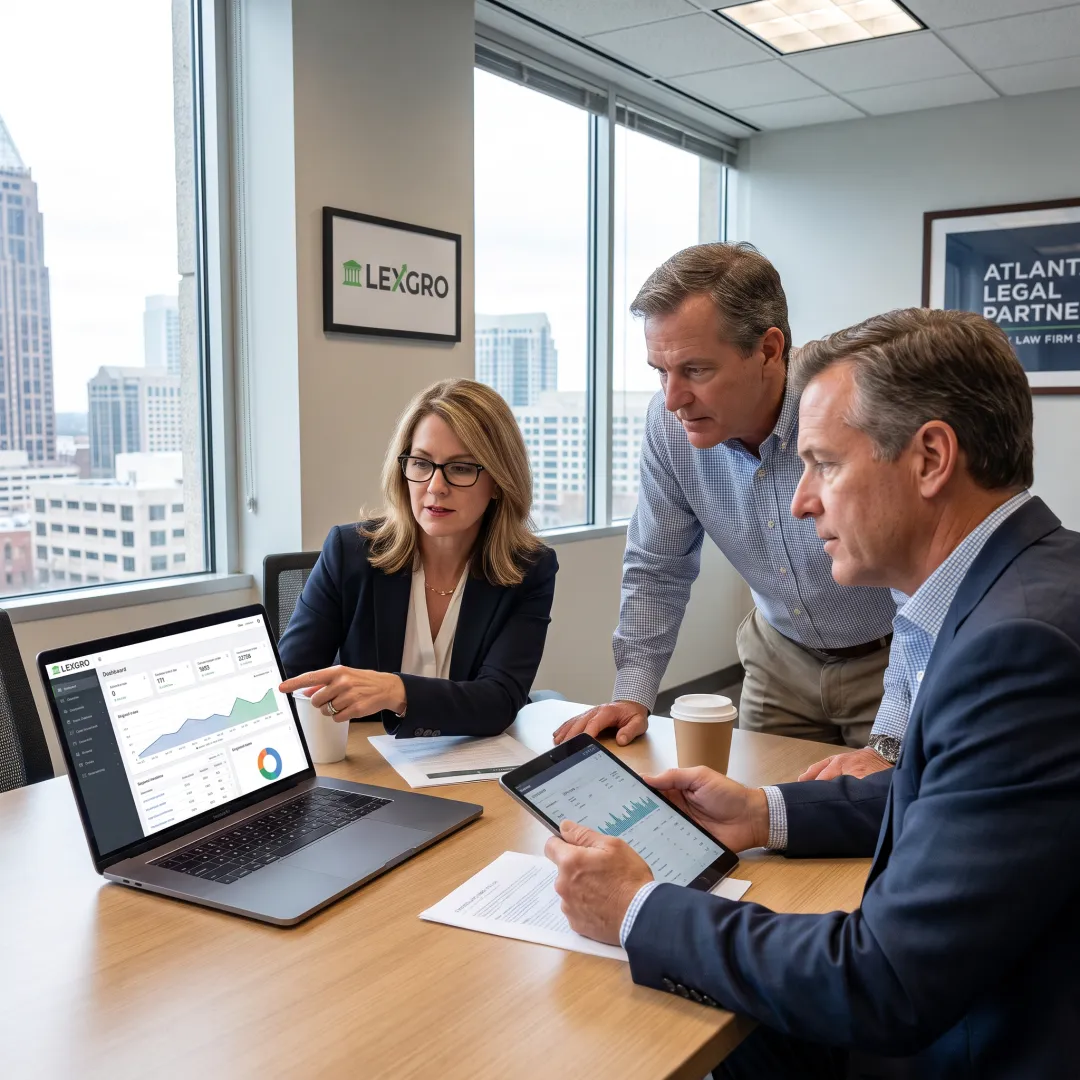 Marketing strategist reviewing law firm performance data