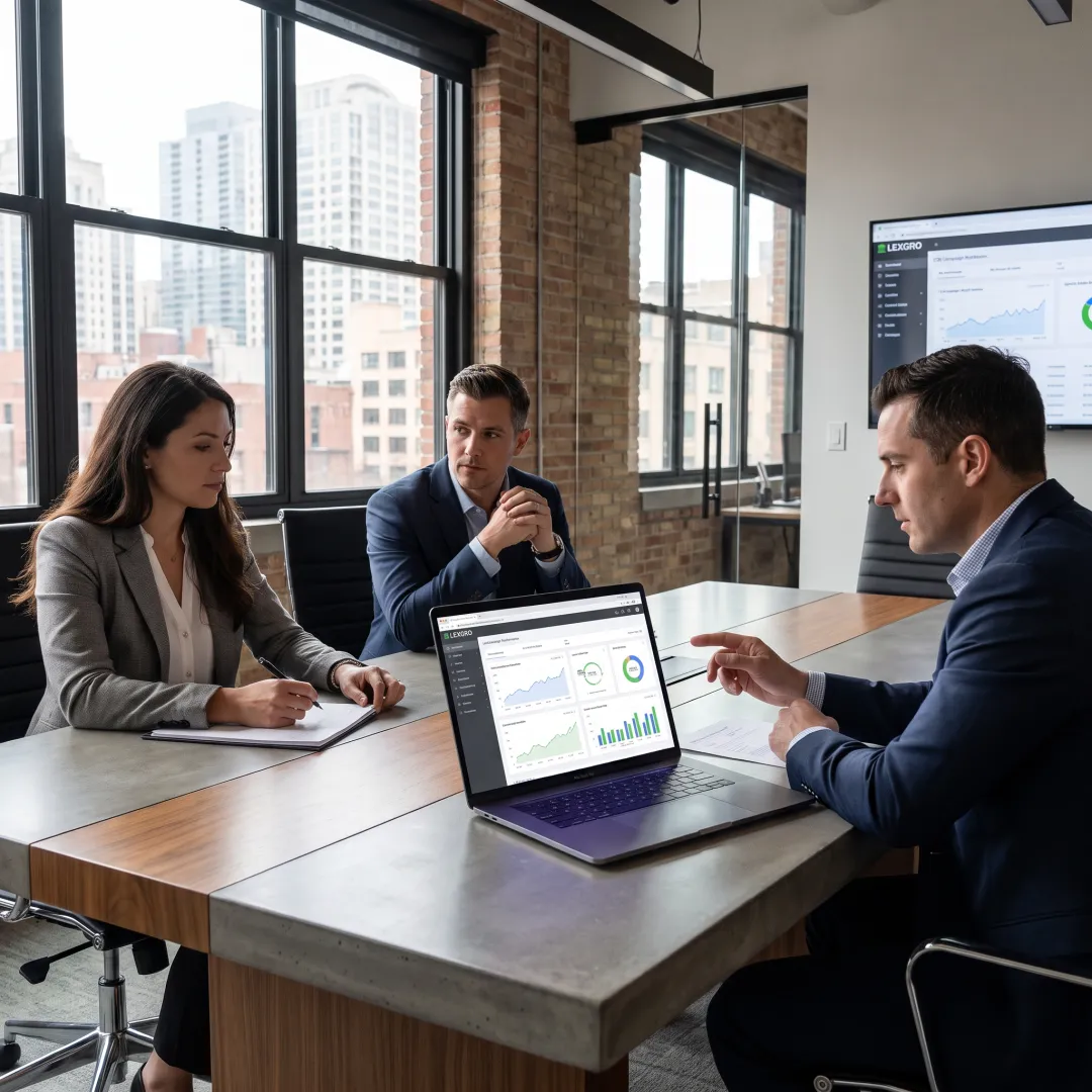 Legal marketing strategist reviewing performance data