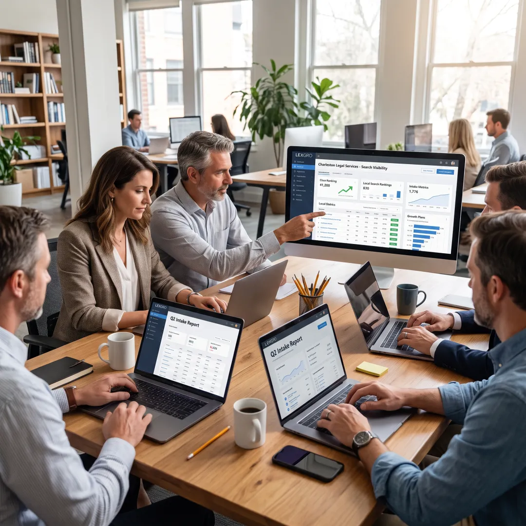 Law firm marketing team reviewing campaign data