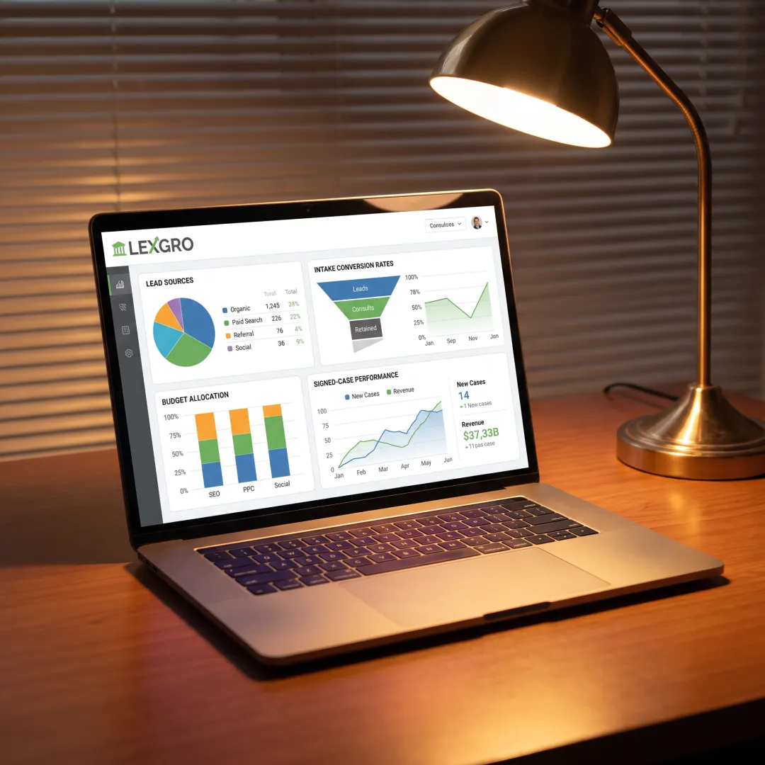 Law firm marketing dashboard with signed-case metrics