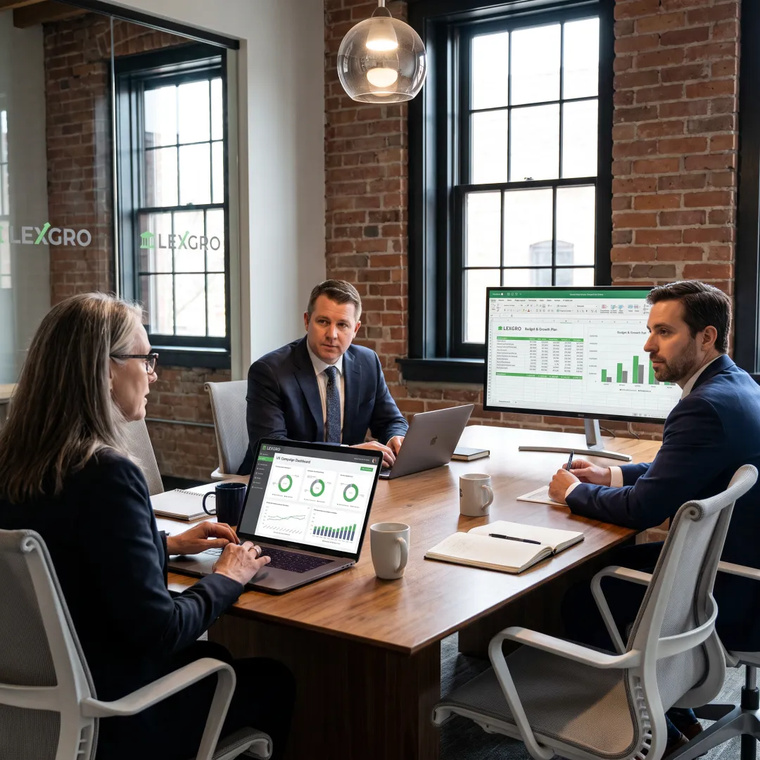 Legal marketing strategist reviewing campaign data