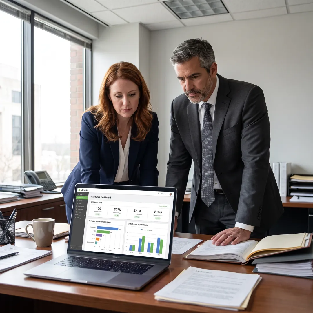 Legal marketing strategist reviewing signed-case analytics