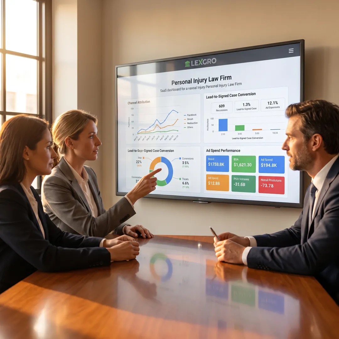 Personal injury law firm team reviewing marketing performance