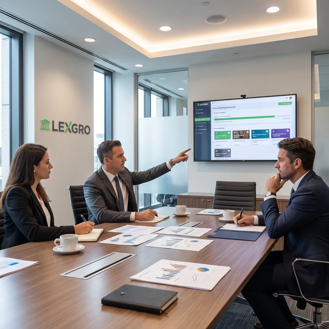 Law firm team reviewing a legal marketing training lesson
