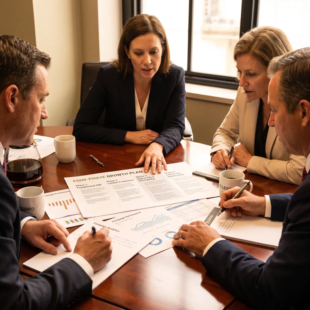 Law firm team mapping a marketing growth strategy