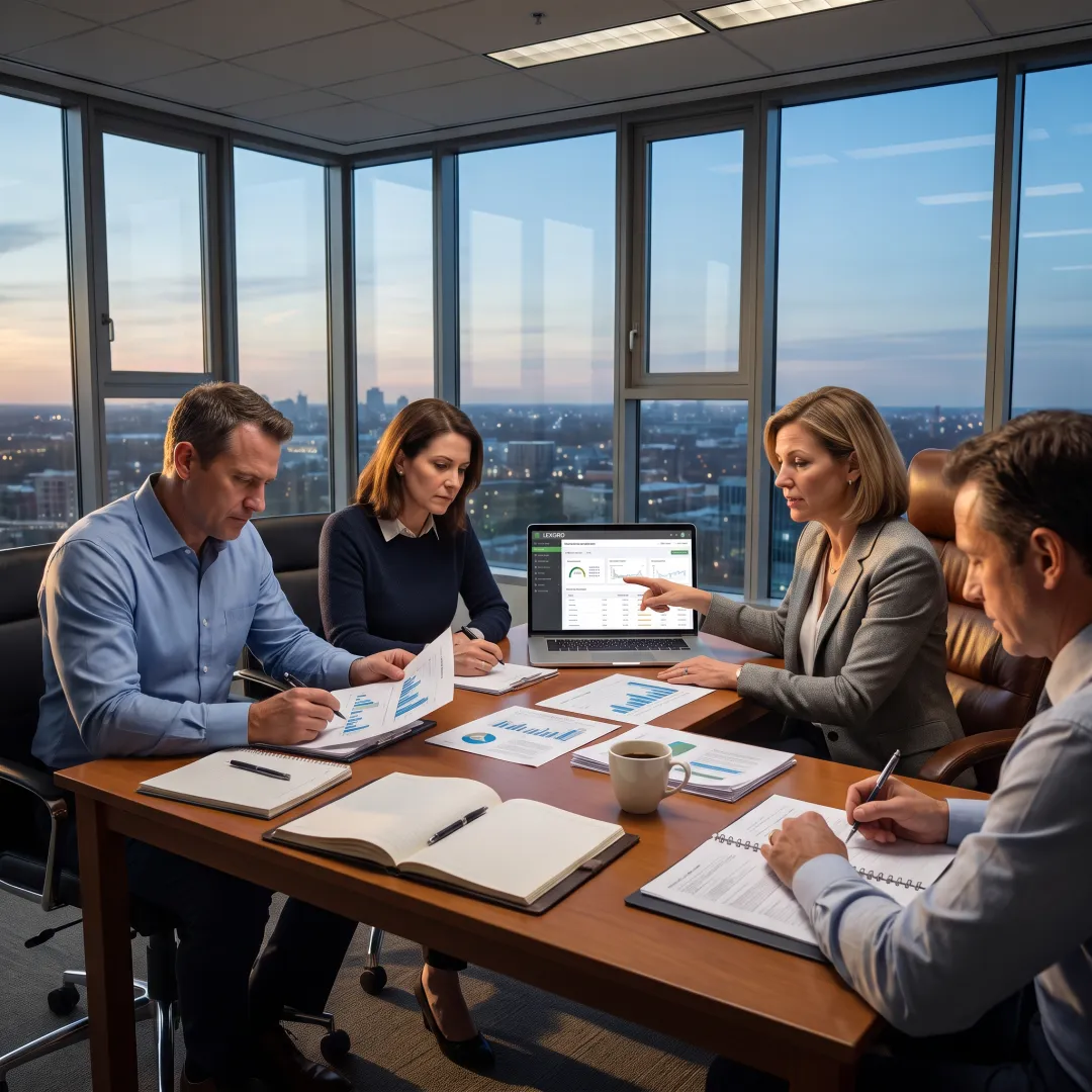 Marketing strategist reviewing law firm performance data