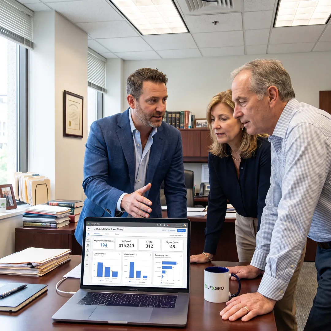 Legal marketing consultant reviewing paid search performance