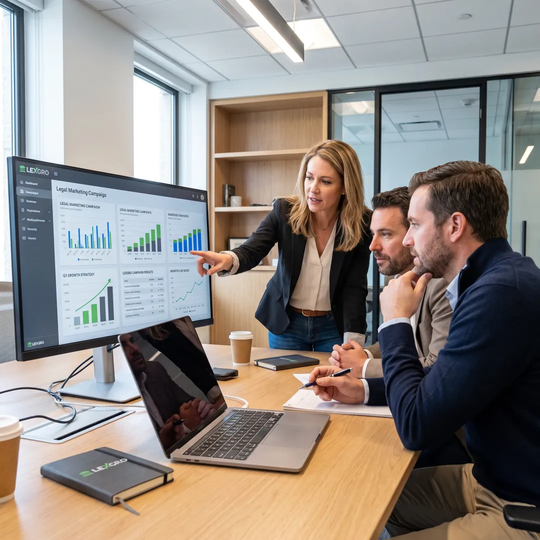 Legal marketing strategist reviewing law firm performance data