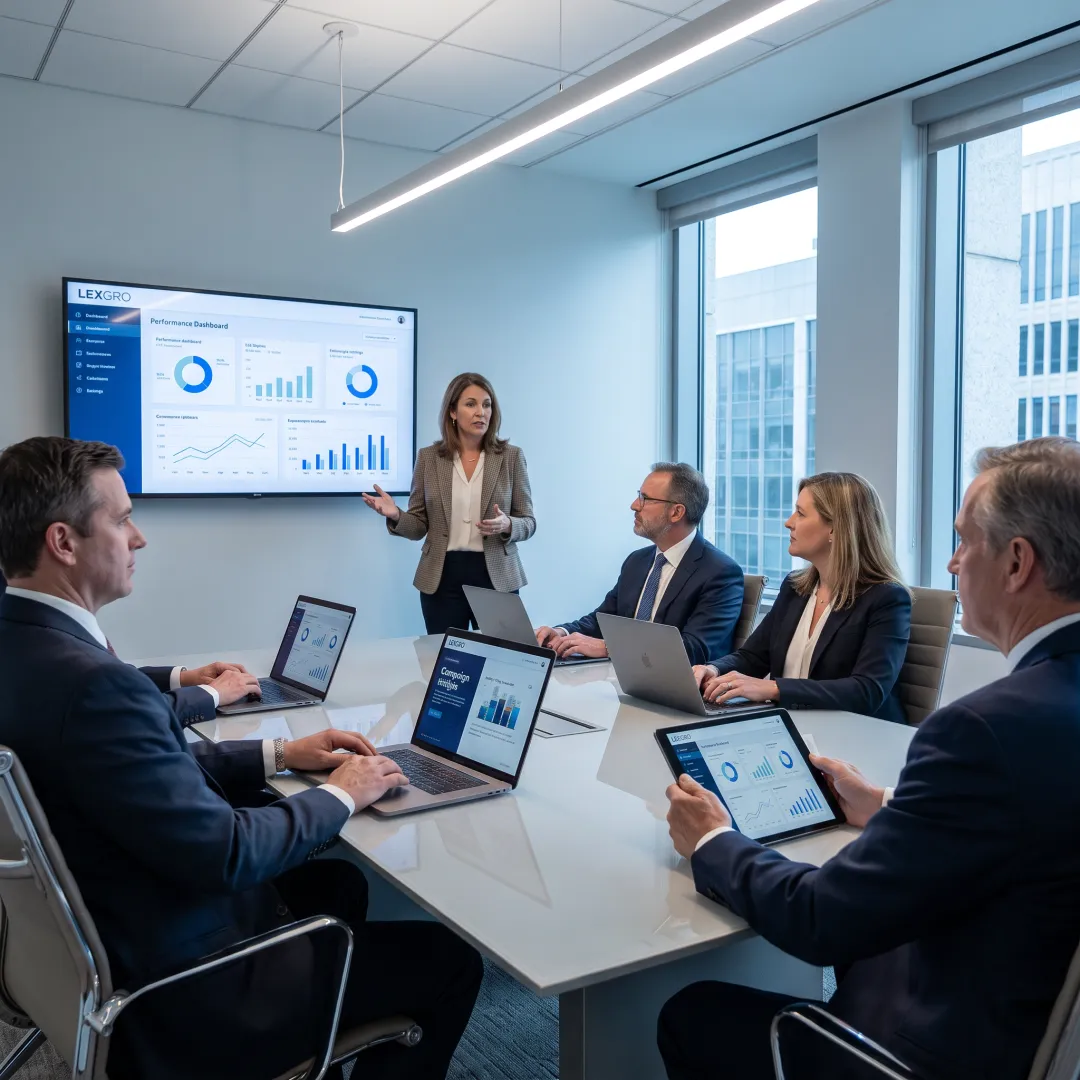 Legal marketing strategist reviewing campaign data