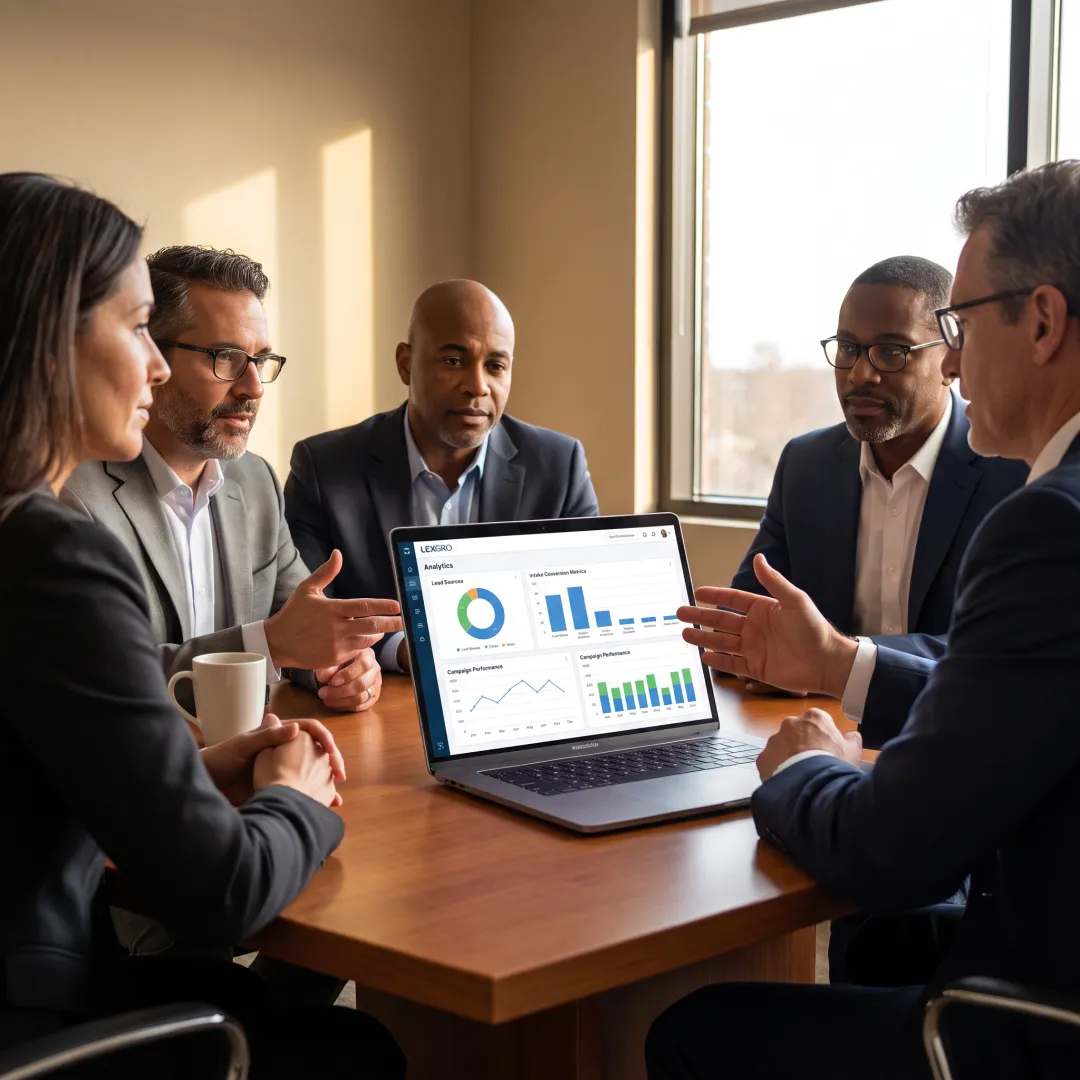 Law firm leaders reviewing marketing performance dashboard