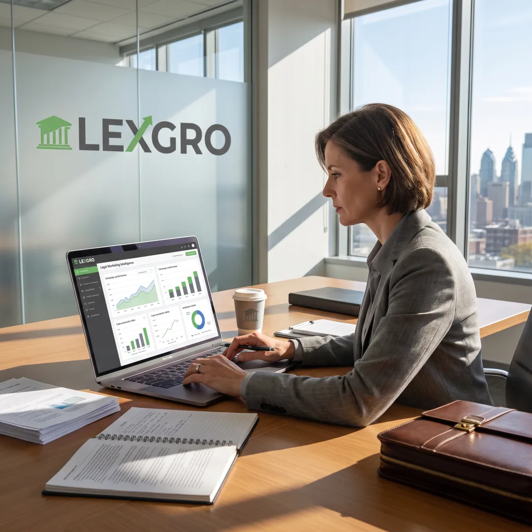 Legal marketing strategist reviewing law firm campaign data