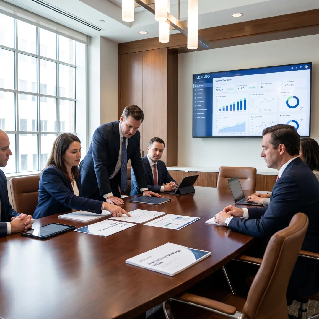 Law firm leaders reviewing growth strategy