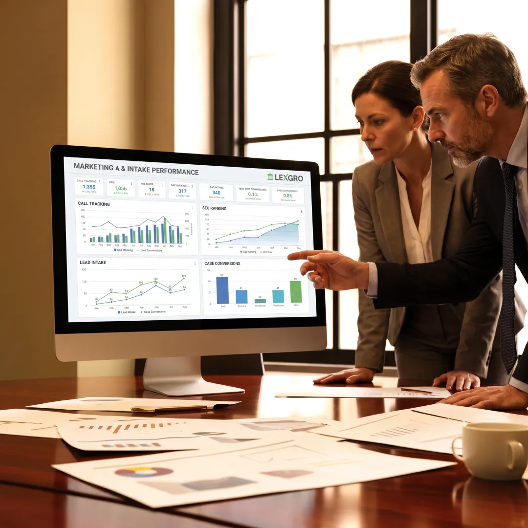 Law firm executive reviewing performance dashboard